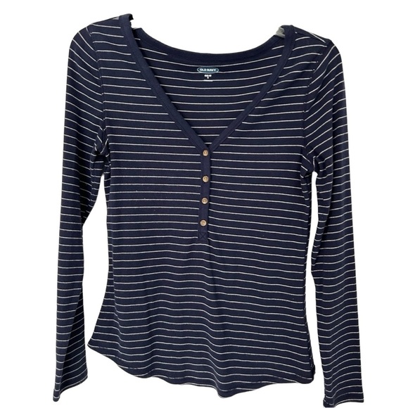 Small Old Navy Slim Fit Long Sleeve V Neck Striped Knit Top Navy and White - Picture 1 of 4